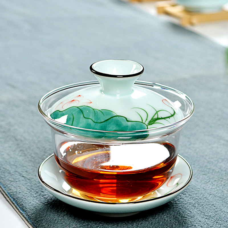 意景茶具 茶碗玻璃盖碗陶瓷手绘三才碗功夫茶具大号茶杯泡茶器产品展示图5