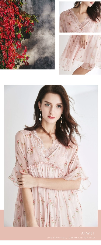 Mùa hè 2021 váy lụa mới nữ mùa hè cổ chữ v trumpet tay áo rời và mỏng váy a-line 100% lụa - A-Line Váy