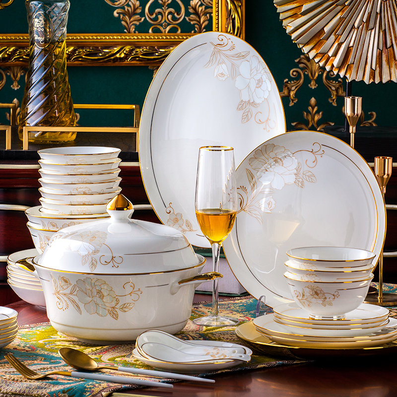 Naquan full dishes set home European gold high-grade bone china Palace scenery Jingdezhen tableware set dishes