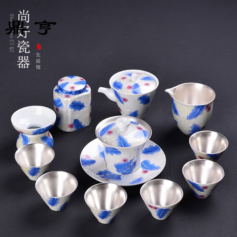 Ding heng jingdezhen tasted silver tea service of a complete set of 999 sterling silver gilding kung fu tea set ceramic fair office home tureen cup