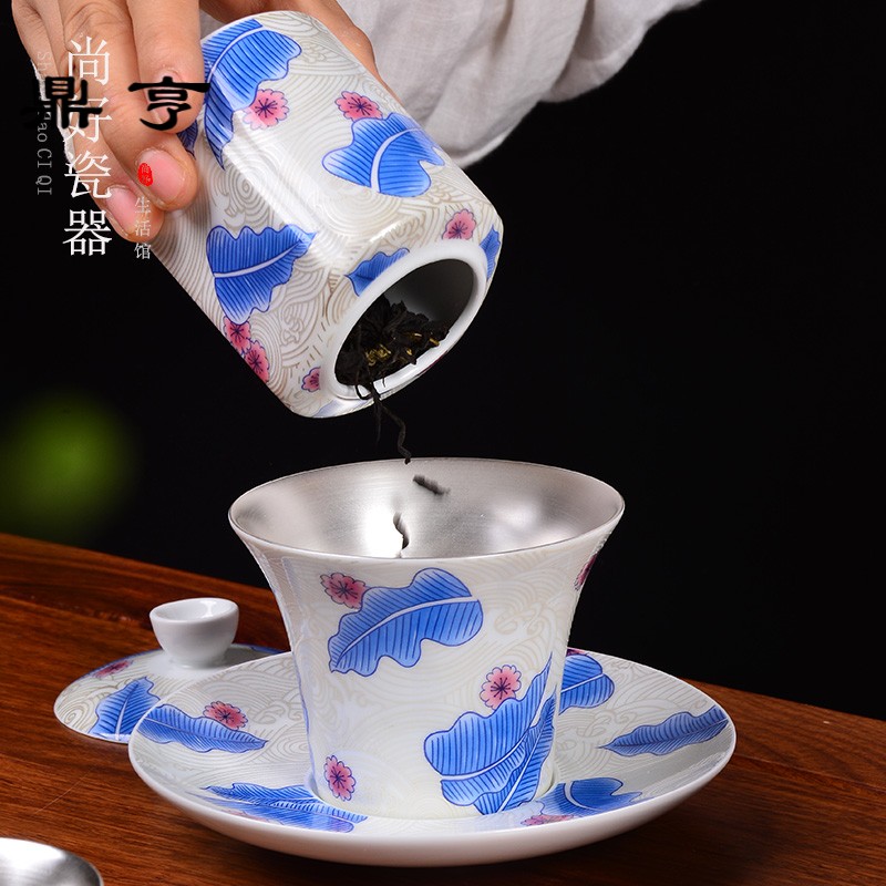 Ding heng jingdezhen tasted silver tea service of a complete set of 999 sterling silver gilding kung fu tea set ceramic fair office home tureen cup