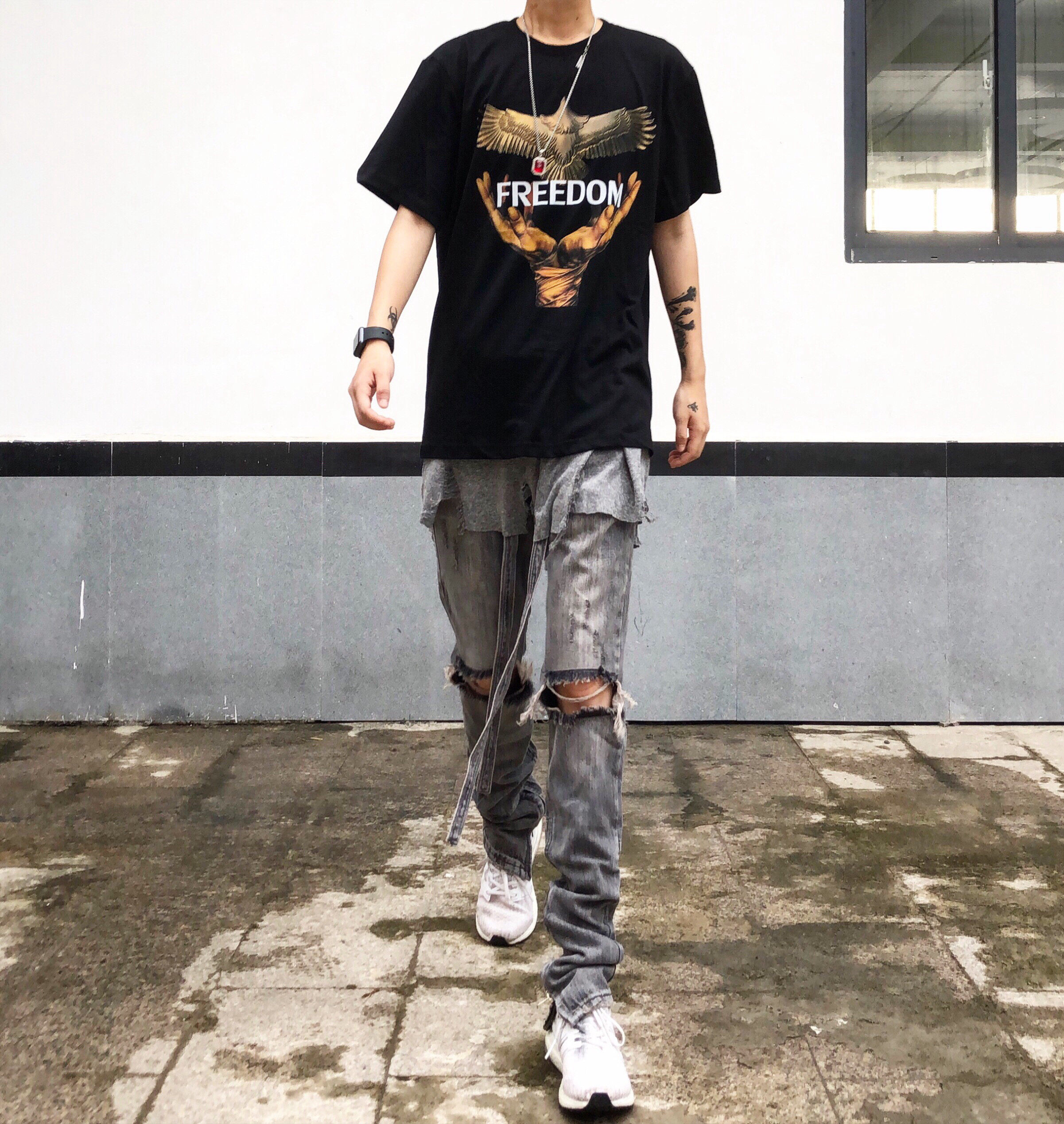 fog风第六季高街洗水做旧灰破洞飘绳拉链裤脚修身牛仔裤潮男长裤