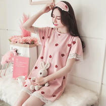 Sweet pink strawberry pajamas for women summer thin short sleeve nightdress Korean version students fresh lace princess style home wear