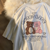 National tide ins bear couple short-sleeved tee shirt Salt department college style mens and womens loose T-shirt Japanese niche bottoming shirt