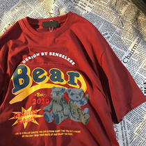 American retro national tide hip-hop bear letter printing short-sleeved T-shirt men and women spring and summer wild loose couple tops