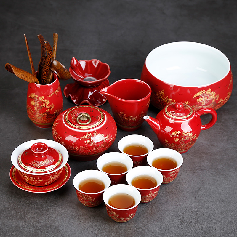 Jingdezhen ceramic tea set red wedding gift box kung fu tea cup lid bowl of Chinese style household, office