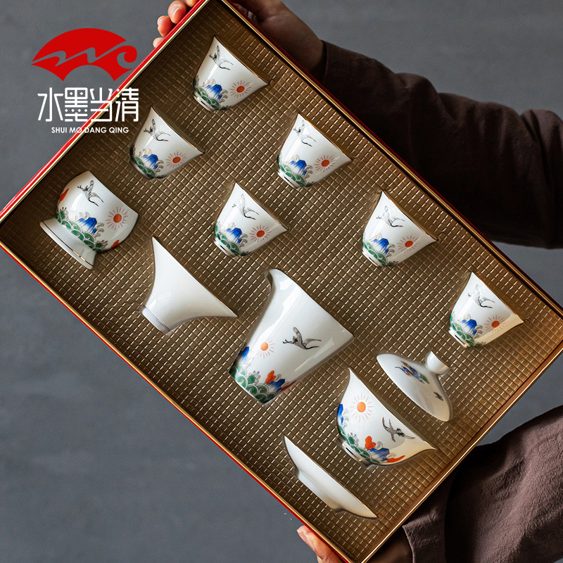 Suet jade tureen tea set dehua white porcelain household ceramics kung fu tea gift boxes of high - grade office