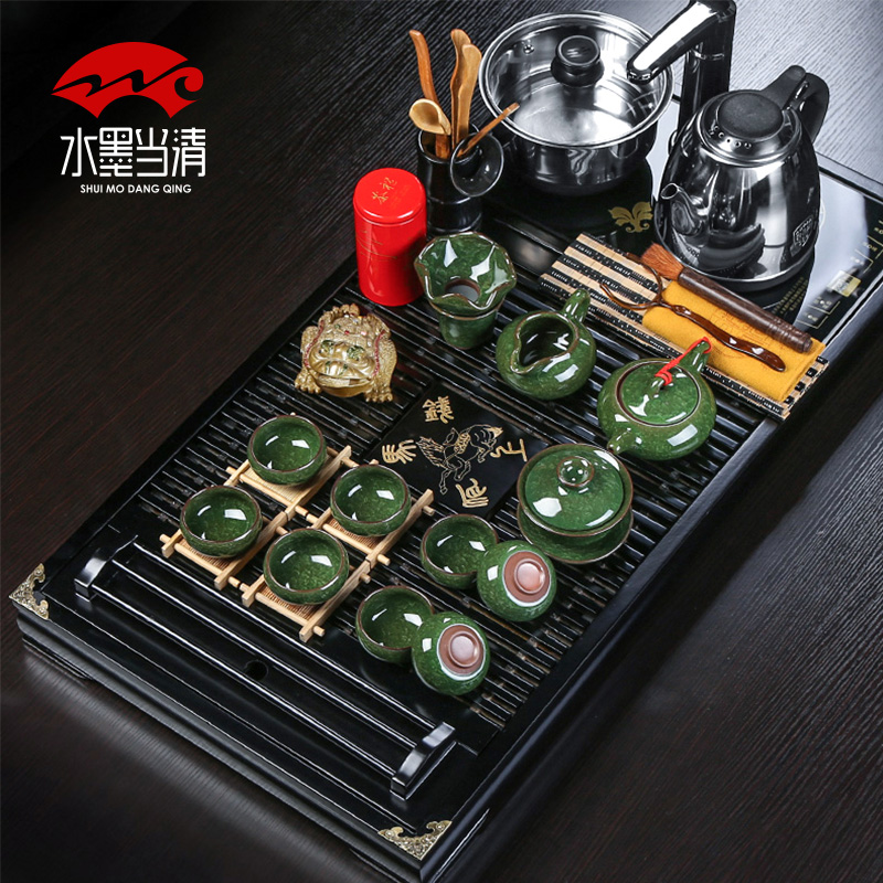 Kung fu tea set automatic water induction cooker four unity kembat drainage solid wood tea tray was purple sand cup suit household