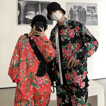 Autumn and winter big flower shirt clothes northeast peony flower full of flower print loose casual Joker long sleeve shirt men and women tide