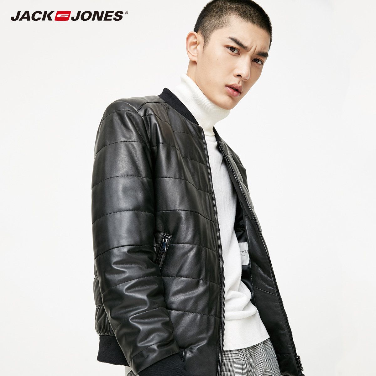 jackjones杰克琼斯绵羊真皮衣男冬季新棒球领夹克外套e|217410502