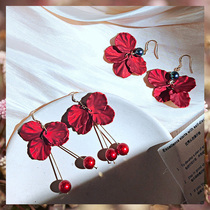Festive wine red acrylic leaf earrings creative design rose petal earrings temperament long wild silver earrings