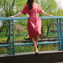 Think ramie dress Korean version short-sleeved long skirt belt decorative side pockets Korean style simple and generous style