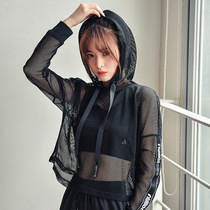Autumn sports T-shirt womens long sleeve hooded loose quick-drying mesh hollow sexy running gym sports blouse