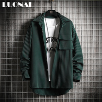 men's spring autumn long sleeve striped shirt loose japanese vintage workwear trendy casual versatile shirt