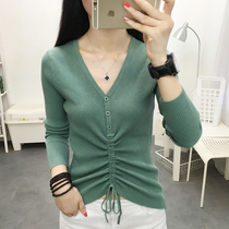 V-neck drawstring top womens autumn 2021 New Korean version of foreign-style knitwear long sleeve base shirt sweater