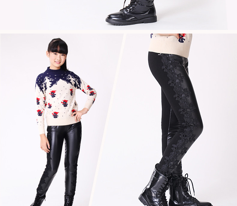 2017秋冬拼皮花边加绒女大童打底裤百搭黑色皮裤儿童打底长裤
