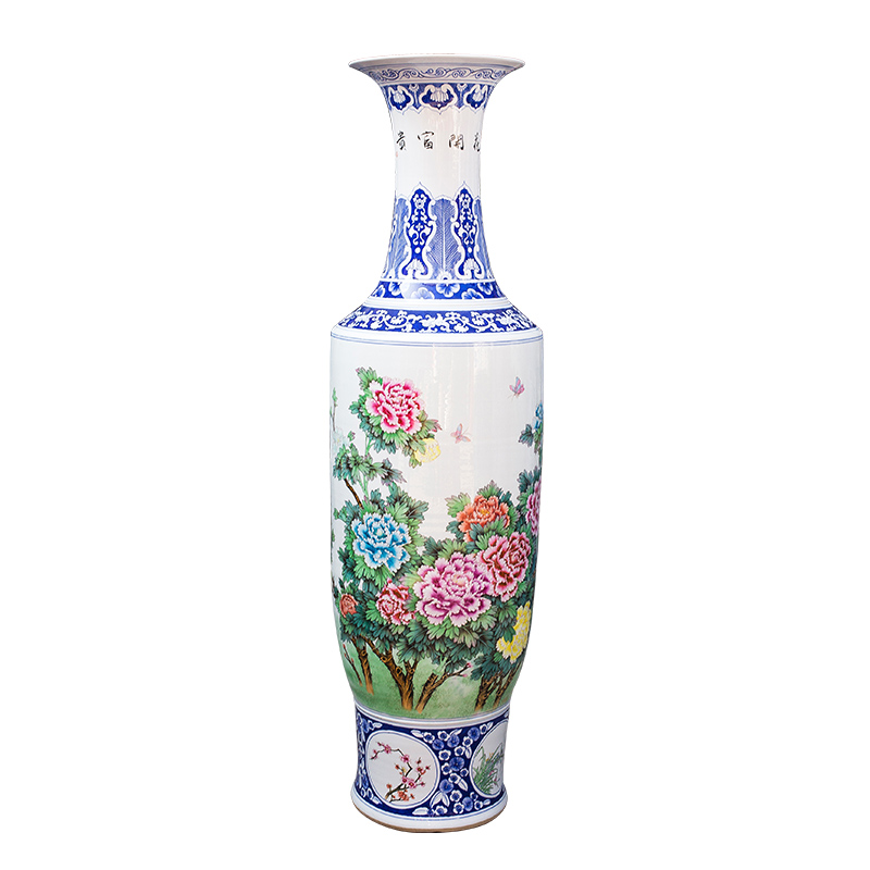 Jingdezhen ceramics hand - made big vase peony furnishing articles of new Chinese style living room floor decoration as hotel decoration