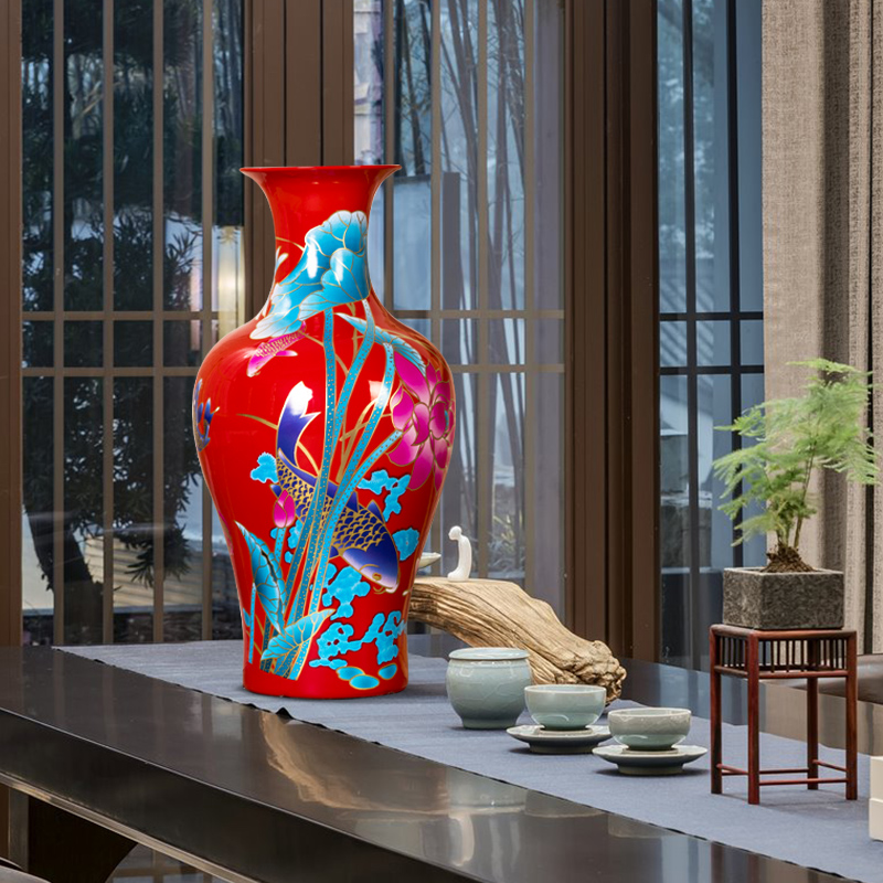 Jingdezhen ceramics China red paint vases, flower arrangement sitting room of Chinese style household craft ornaments furnishing articles