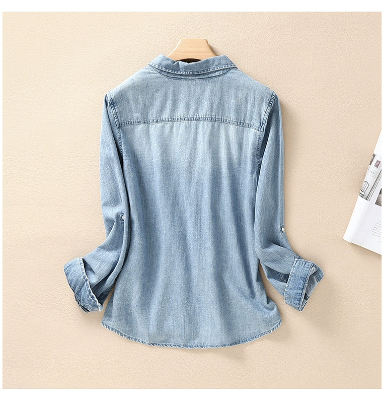 2021 Phiên bản Hàn Quốc của thời trang thời trang nữ thời trang giặt sạch cotton denim áo sơ mi nữ mỏng giản dị đáy dài tay áo sơ mi - Áo sơ mi dài tay