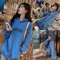 Sweatshirt female 2021 new spring and autumn thin loose hooded long hiphop fried street Blue Plus velvet coat