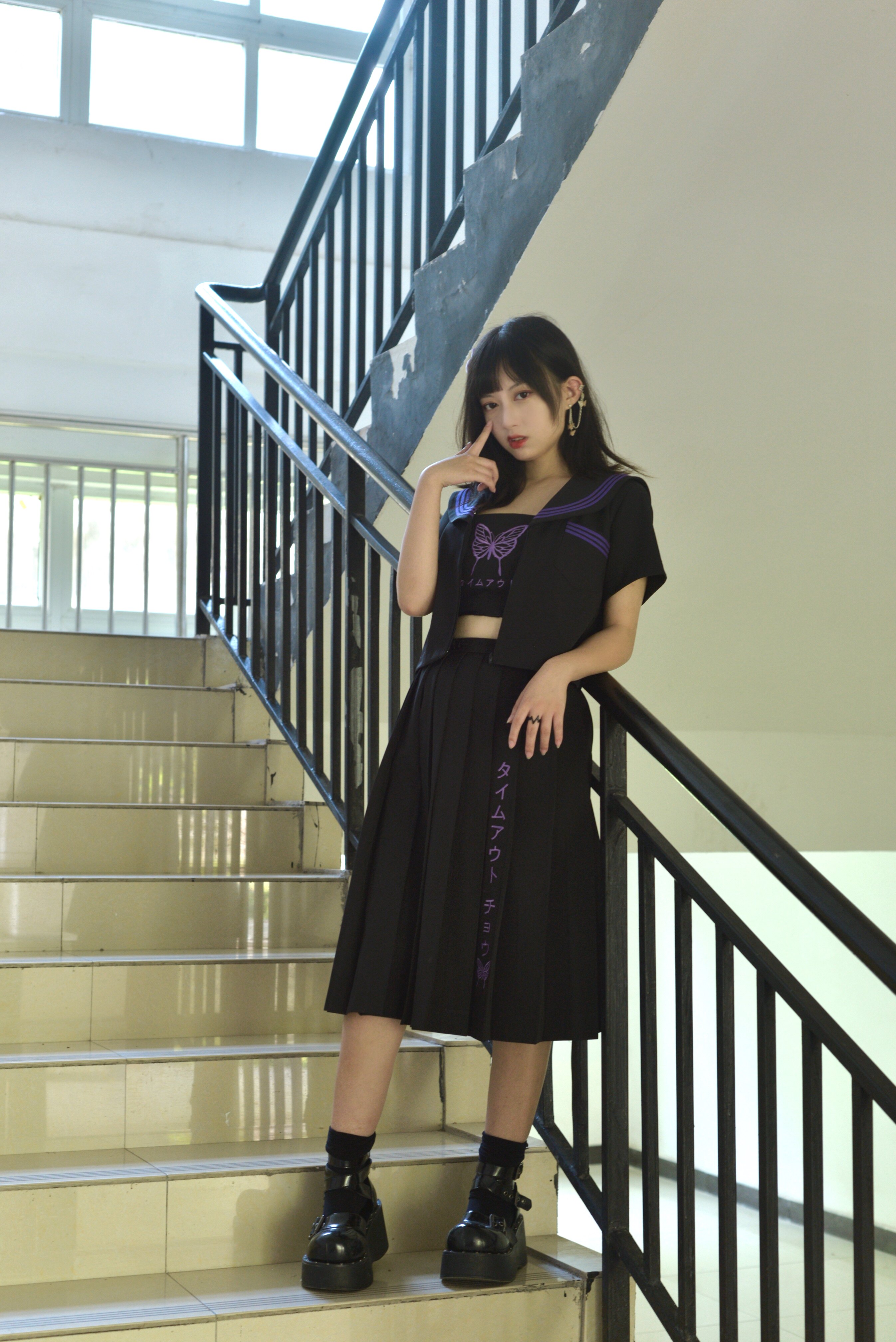 猫圆圆原创重工刺绣夏服正统不良jk制服黑紫