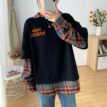 Large size womens autumn and winter New sweater 200 Jin fat sister loose thin fake two pieces plus velvet thick top
