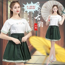 Improved Hanfu Dark Green Short Skirt Half-arm Tan neck Top Embroidered Short Sleeve Han Elements Daily Set Female Class Clothes