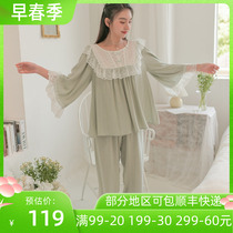 2022 New Palace Tinder Wind Sleeping Girl Spring Autumn Lovely lace Princess Mianlin Long sleeves Two suits Home Suits Home