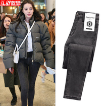 Tobacco gray jeans womens ankle-length pants autumn high waist thin 2020 new Korean version of black velvet small feet trousers