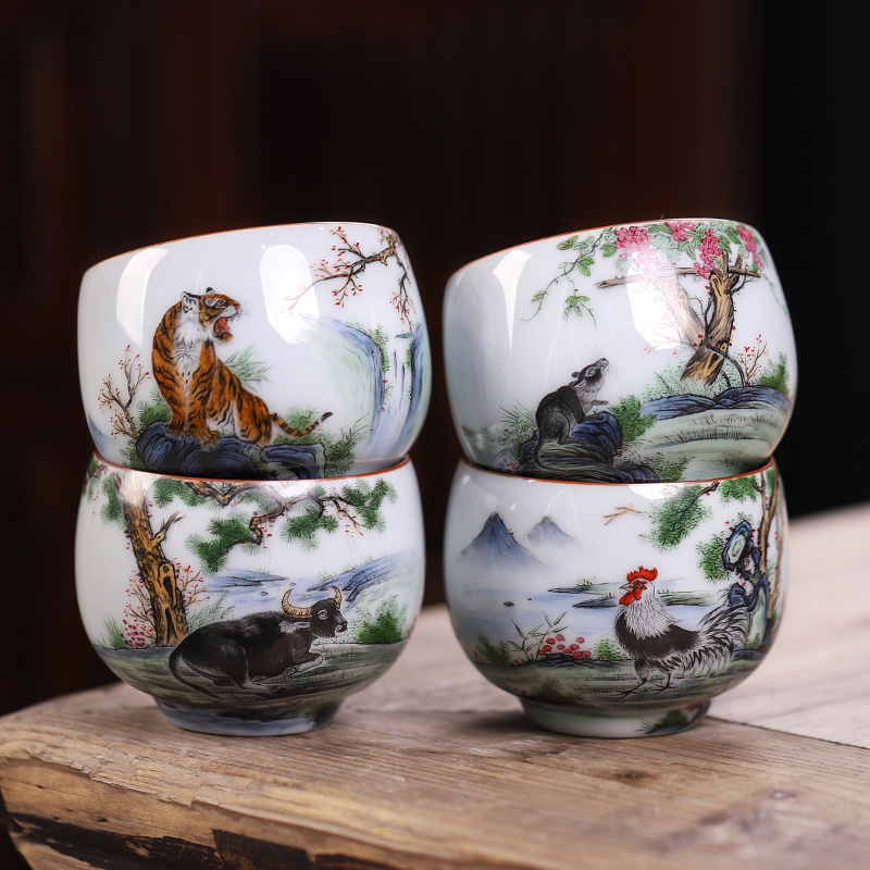 Jingdezhen pure manual hand - made teacup master cup zodiac cattle benmingnian presents personal single cup sample tea cup