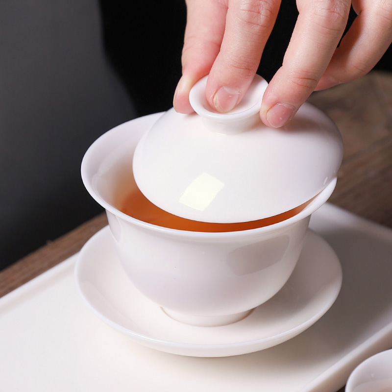 Dehua white porcelain only three cups suet jade kung fu tea sets tea tureen tea cups of a single small pure white