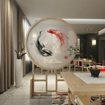 Chinese-style round screen partition Living room Fashion office bedroom solid wood Solid Guan Classical Hollowed-out seat screen with fish year after year