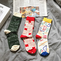Textbook series Xueba Harajuku graffiti cotton woven mens and womens autumn and winter mid-tube socks Hong Kong style retro trendy socks