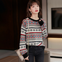 Retro style 2022 autumn and winter high end cardigan women loose knit jacquard thick striped cashmere sweater women