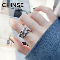S925 sterling silver lucky ring Womens net red bouncing ins tide niche retro Cold style wide version index finger transfer ring