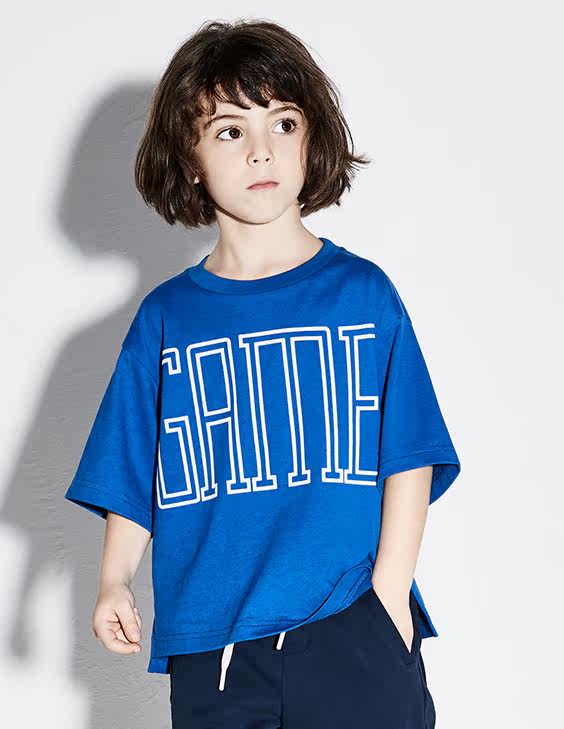 littlemoco春季新品儿童t恤胶印字母纯棉圆领短袖t恤男女童上衣