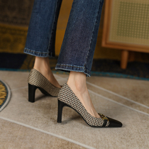 chic explicit legs long ~ self-retention style retro collage gold buckle coarse heel single shoe woman genuine leather square head high heel shoe