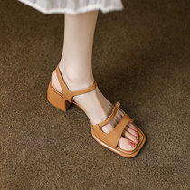 (Hanging shop) Pumpkin Color New Genuine Leather toe word with coarse heel sandal female summer square head high heel shoes