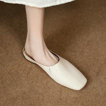 Pendant Original ~ Small Leather Shoes New Genuine Leather Flat-bottomed Baotou Cold Drag Woman External Wearing Square Head Retro Mueller Shoes