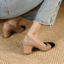 chic small crowddesign French style wearing a hitch square head light mouth coarse heel single shoe girl real leather commute high heel shoes