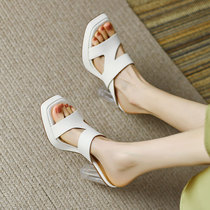 Pendant original ~ Giant legs long new genuine leather crystal heel-lined with female summer external wearing square head high heel