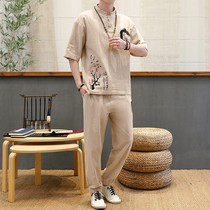 China Wind Summer Hanfu Short Sleeve Suit Mens Big Code Disc Buckle Short Sleeve Long Pants Don dress Youth Two sets of casual wear