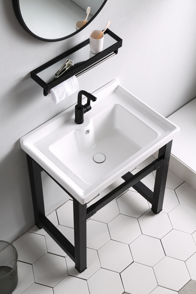 陶瓷一体式台盆支架 阳台洗衣盆池加深防水简约烤漆钢架子洗脸盆-阿里