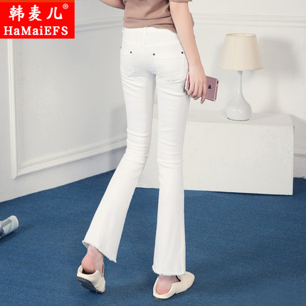 标题优化:微喇牛仔裤女2018春季新款韩版高腰修身毛边白色喇叭裤显瘦九分裤