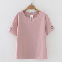 Middle-aged and older ladies dress fat moms summer clothing cotton linen blouse women t-shirt short sleeve plus fattening overweight middle-aged moms loose