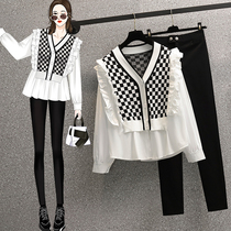 2021 Autumn Winter New Middle Ages Big Code Women Dress Fat Moms Fashion Suit Splicing Shirt 100 Hitch Pants Two Sets