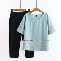 Middle aged womens clothing suit cotton linen two sets of women foreign air big code fat moms summer clothing middle age sports suit women s