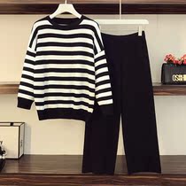 Big Code Women Dress Middle-aged Fat Moms Spring Dress Foreign Air Suit With Slim Striped Sweater Pants Mom Noble Two Sets