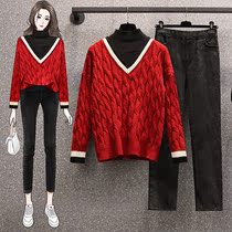 Middle Ages Big Code Women Dress Fat Moms Autumn Winter New Fashion Looters Slim Suit Knitted Sweater Pants Two Pieces