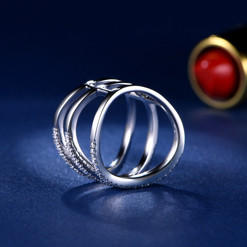 尖风 欧美戒指女线条个性925银三环多环套戒子夸张王字戒指